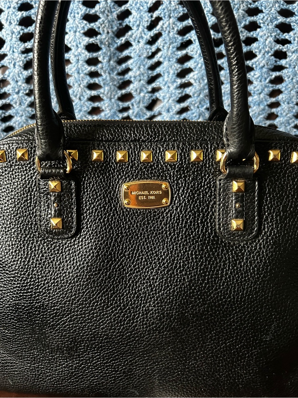 Michael Kors Sandrine Studded Leather Large Satchel Bag Black and Gold A - Picture 4 of 17